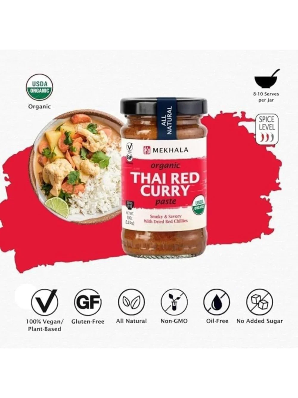 Organic Thai Red Curry Paste - Vegan, Gluten-Free, No Added Sugar, Versatile